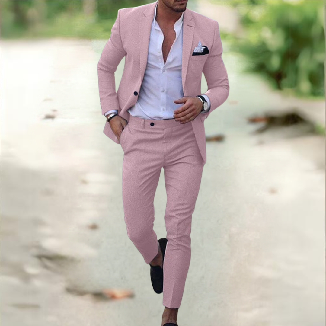 Men's Viktor beige linen-blend suit, structured jacket and straight-leg trousers, business casual