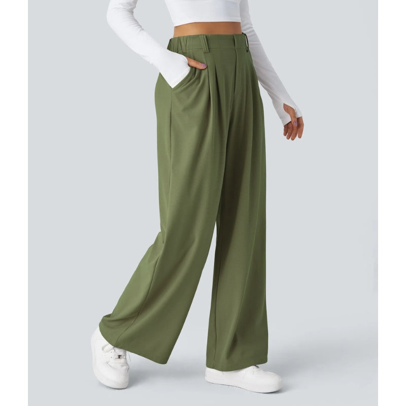 Women's high waist waffle knit wide leg pants relaxed fit stretch workwear trousers