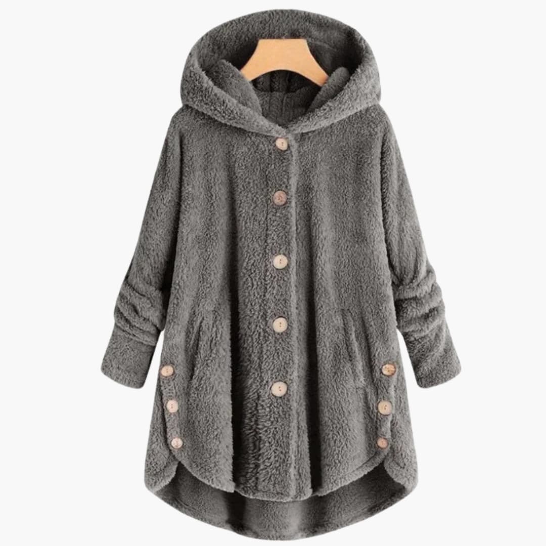 Women's hooded jacket button closure rounded hem everyday warmth neutral versatile layering piece