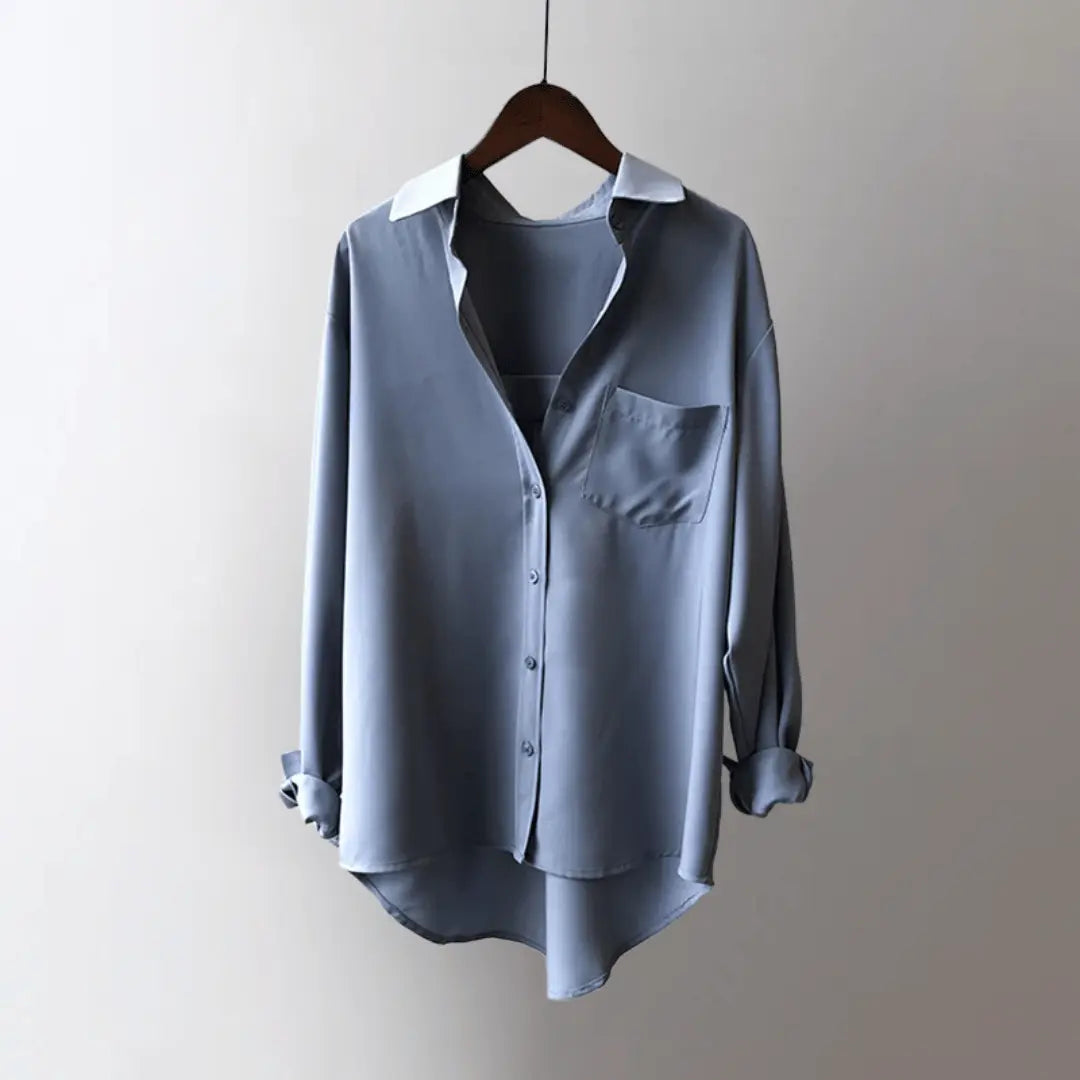 Carolina Klein ivory charmeuse satin tailored blouse with fluid drape for professional women