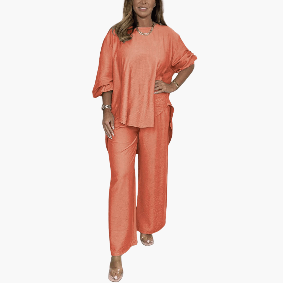 Women's beige loungewear set wide-leg pants loose blouse round neckline flowing silhouette