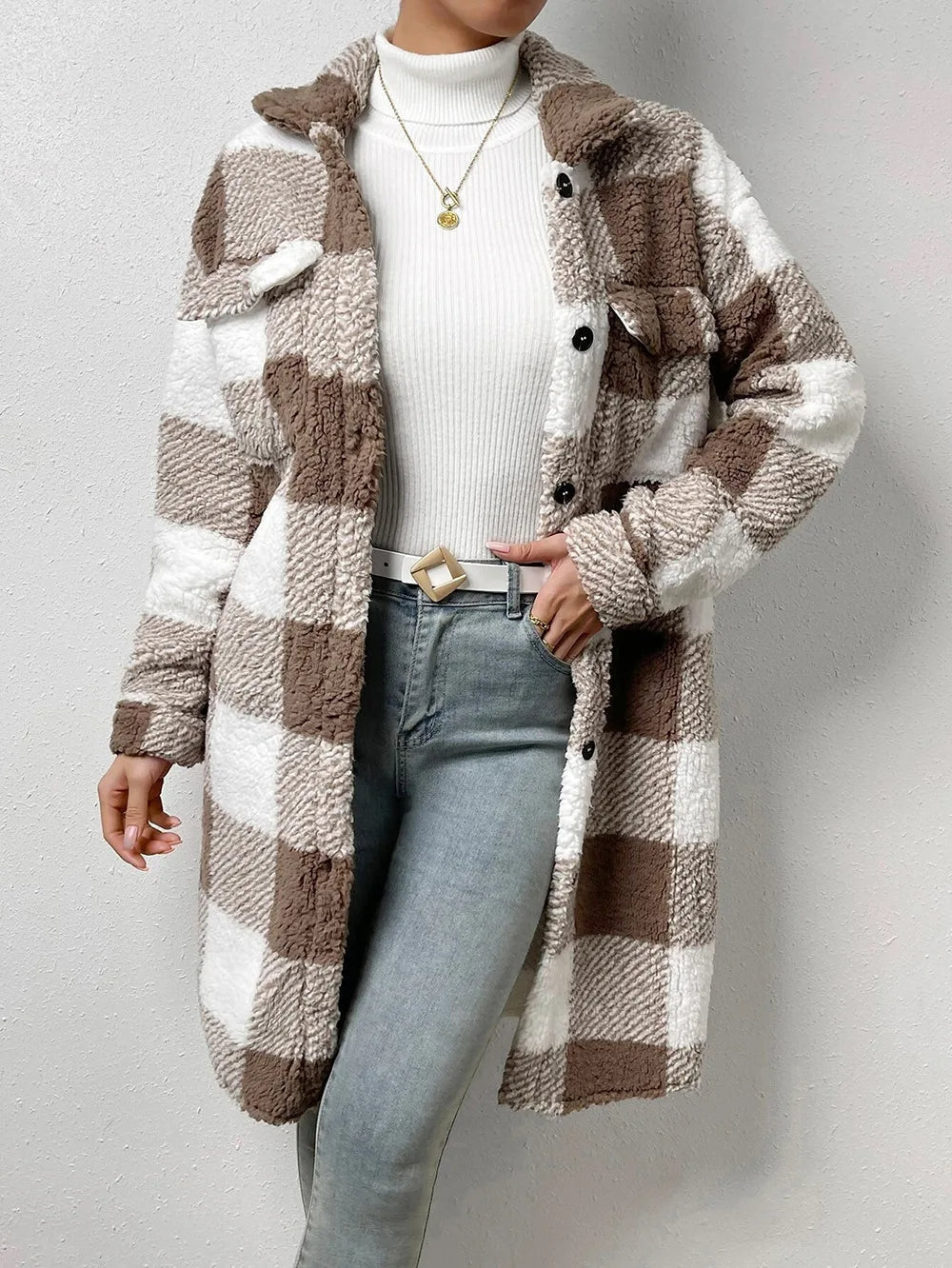 Women's oversized plaid sherpa jacket in warm tones, cozy relaxed fit with ultra-soft plush texture
