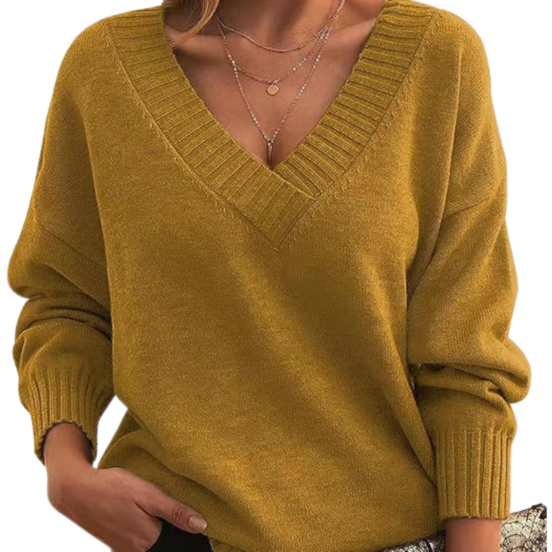 Women's beige relaxed-fit V-neck wool blend sweater with cozy turtleneck layering essential