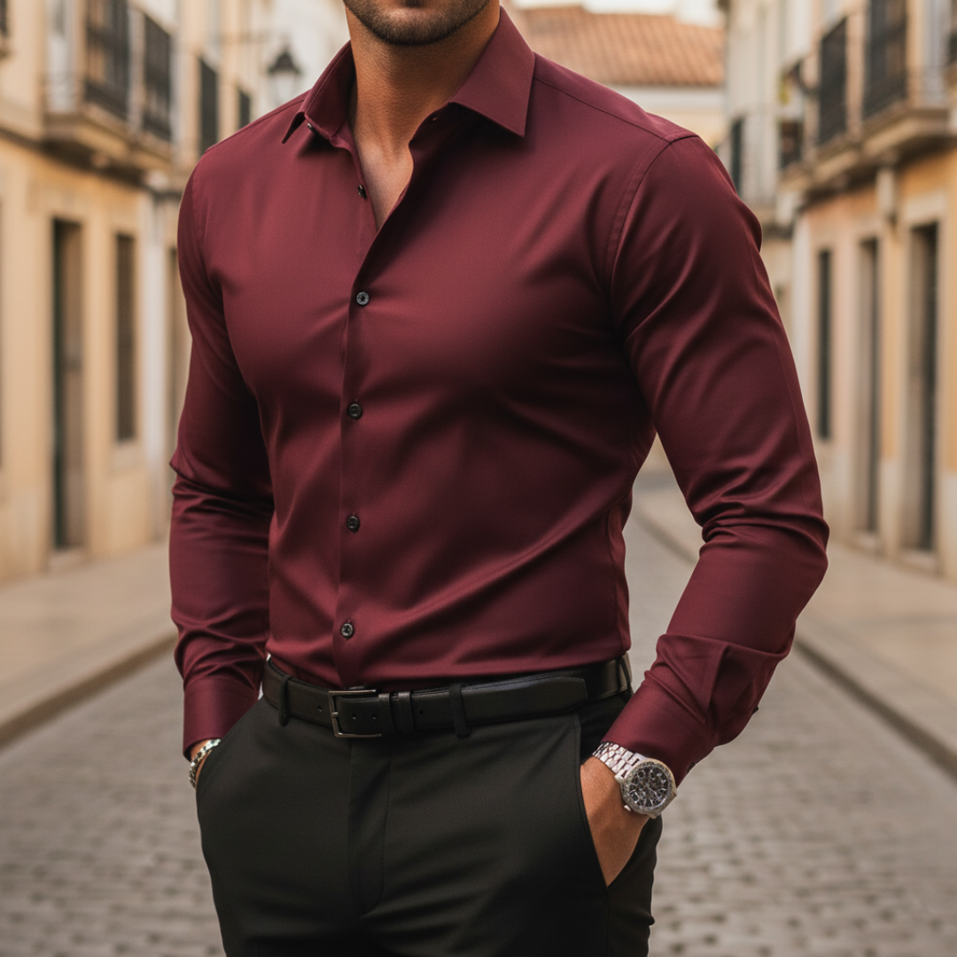 Men's slim fit long sleeve dress shirt in versatile colors, crisp modern cut for business professionals