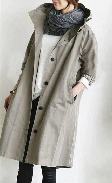 Women's beige hooded trench coat classic tailored silhouette premium soft fabric everyday elegance