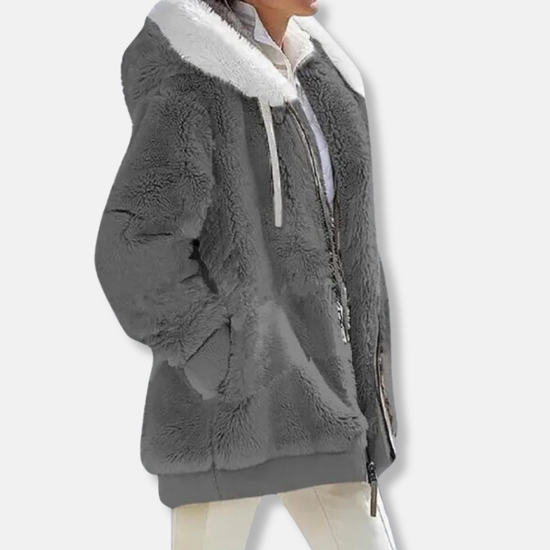 Women's oversized fleece hoodie jacket mid-thigh length with zip front and cozy relaxed fit