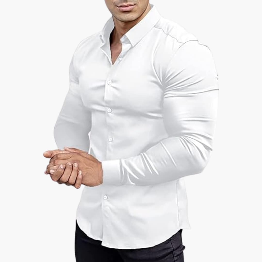 Men's slim fit dress shirt versatile office casual wear structured silhouette close-cut polished look