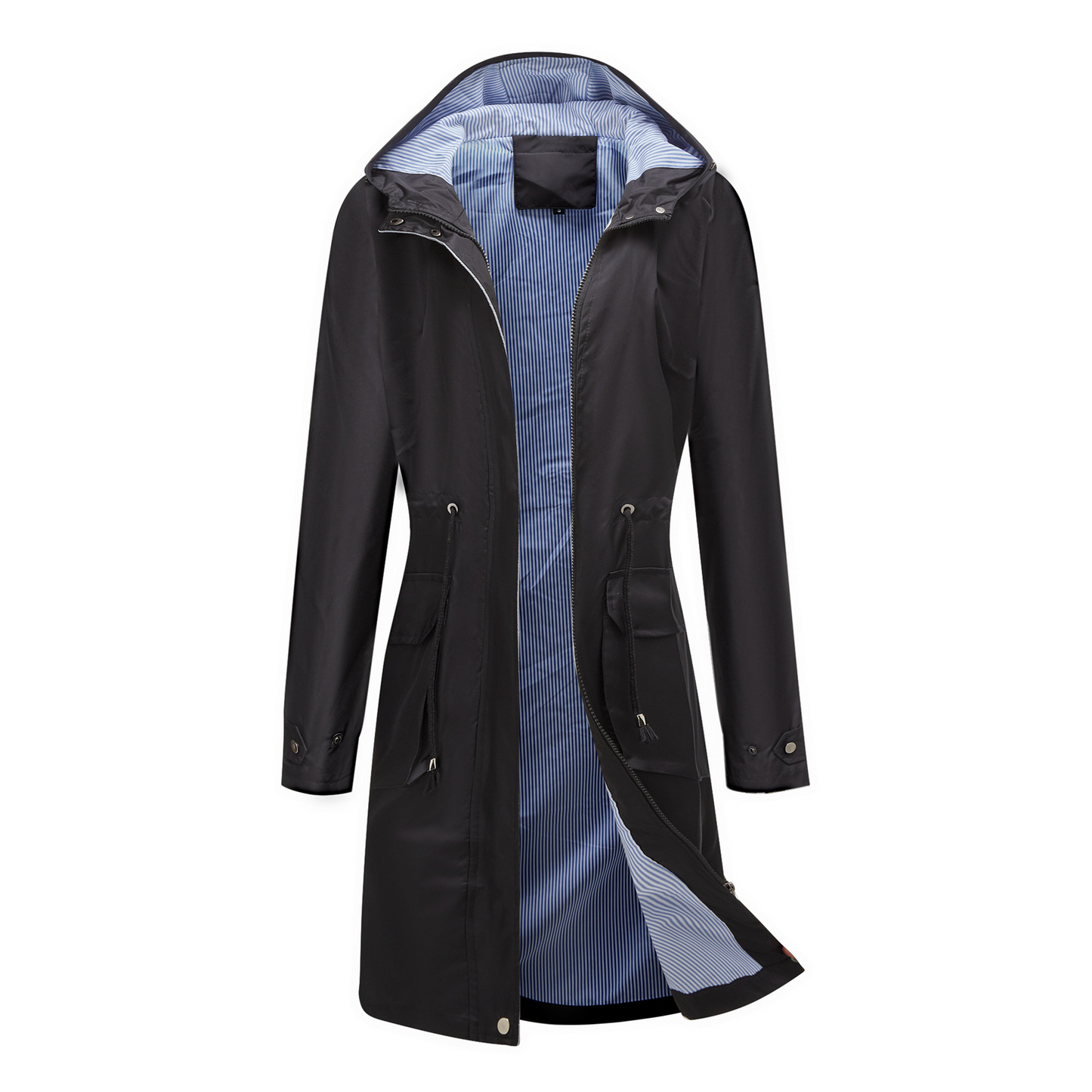 Beige waterproof lightweight trench coat with hood and adjustable waist, slim urban fit