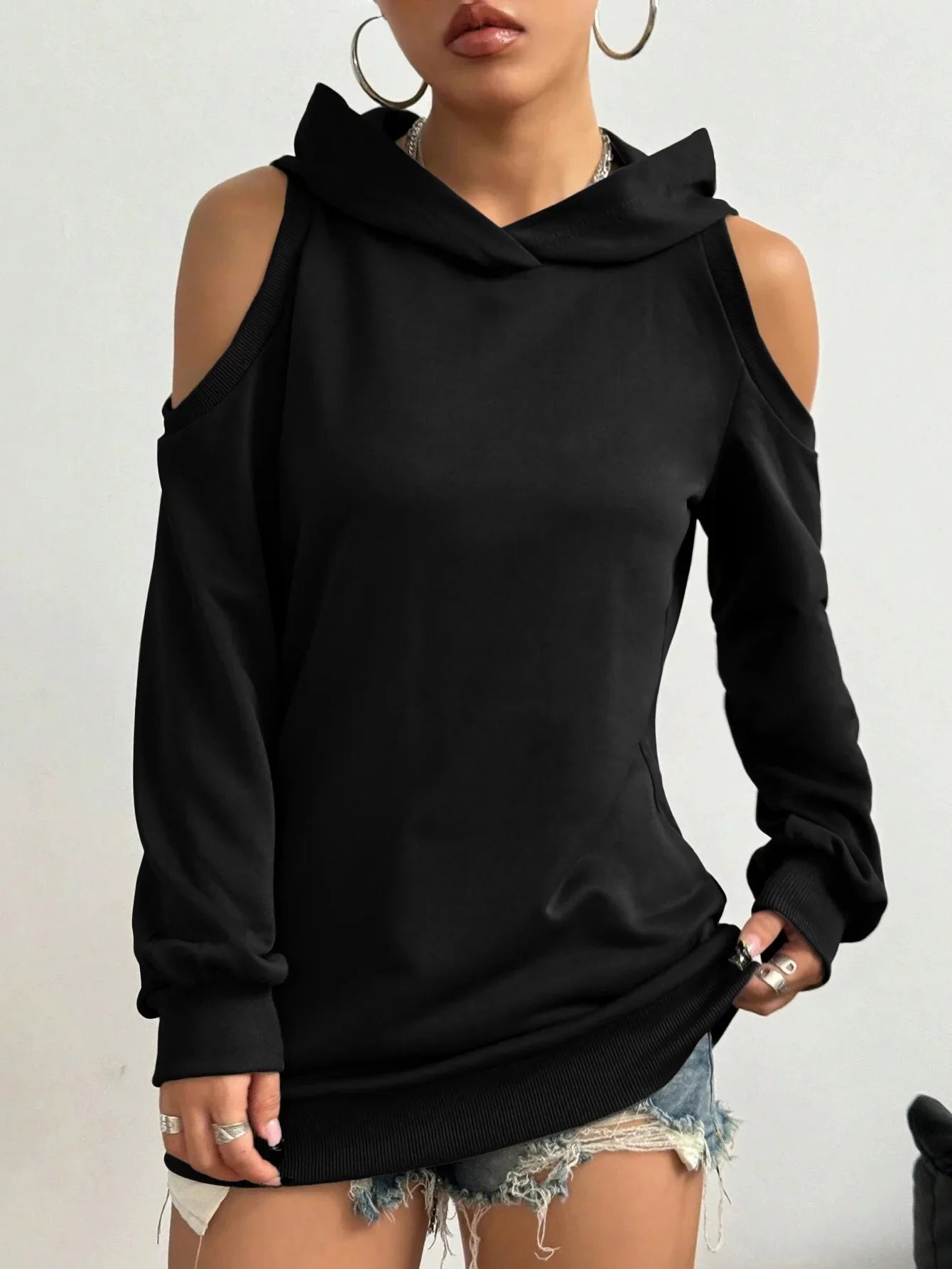 Women's off-shoulder hoodie soft draped knit relaxed fit with shoulder cutouts fashion-forward style