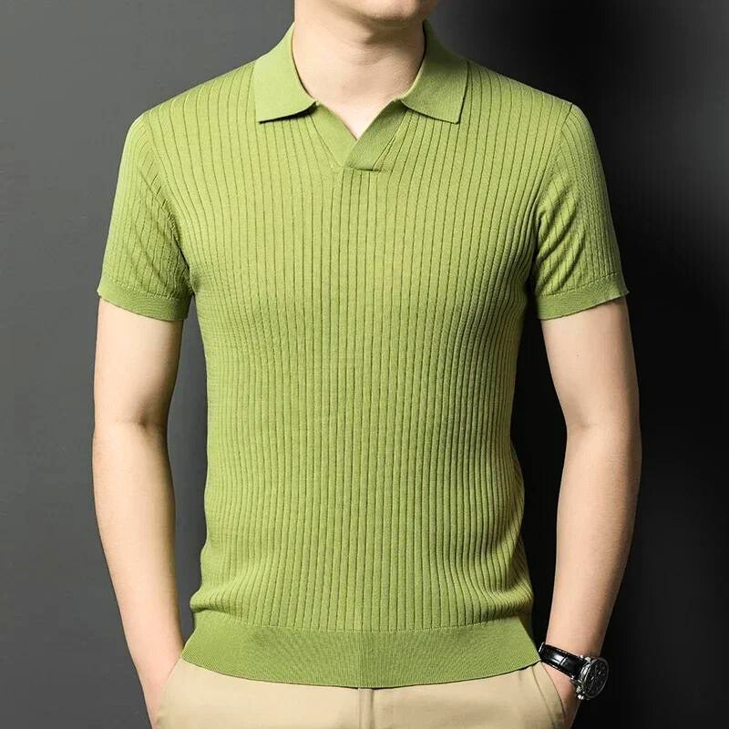 Men's classic fit ribbed knit polo shirt in neutral tone, breathable soft fabric timeless design