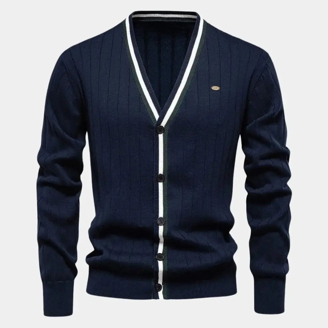 Ribbed button-up knit cardigan with contrasting trim, tailored silhouette for smart casual office style