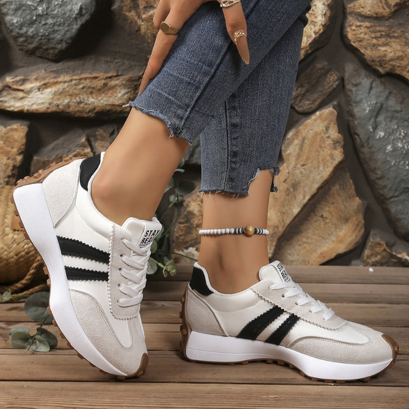 White platform lace-up sneakers for women with chic side stripe detail and height-boosting sole