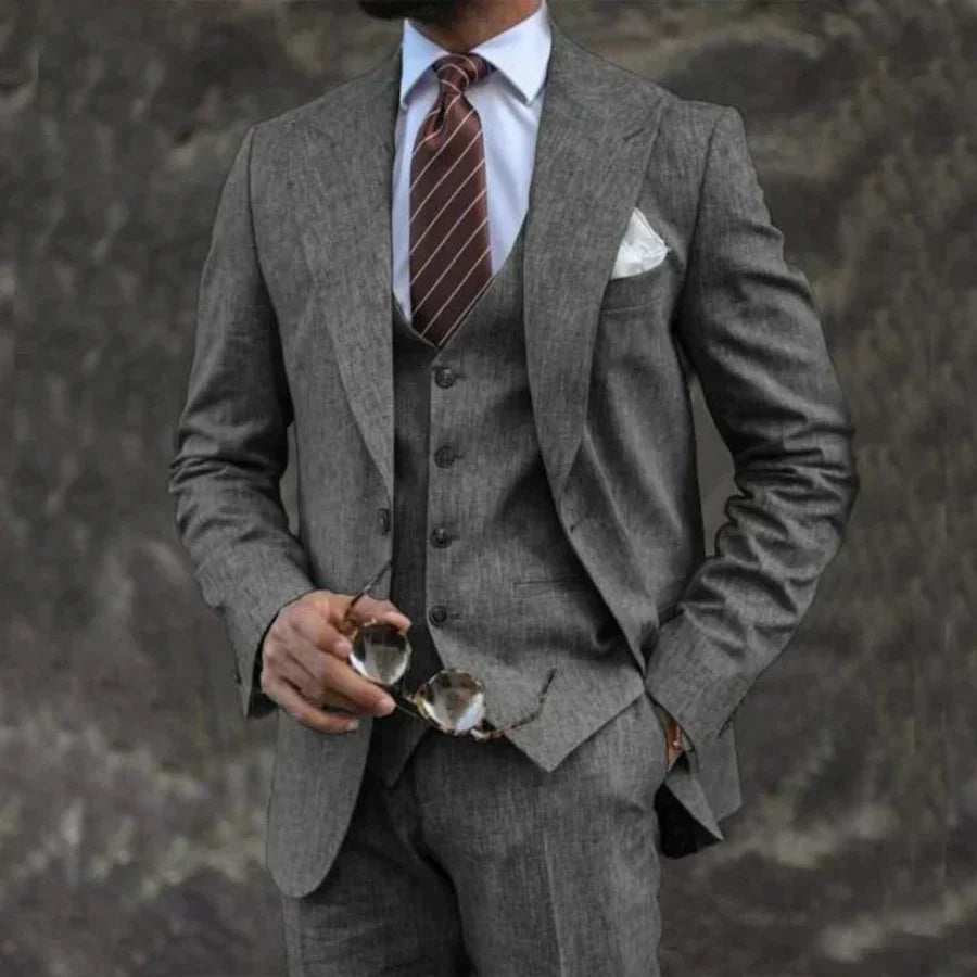 Carson men's light gray three-piece tailored suit lightweight cotton linen blend for weddings
