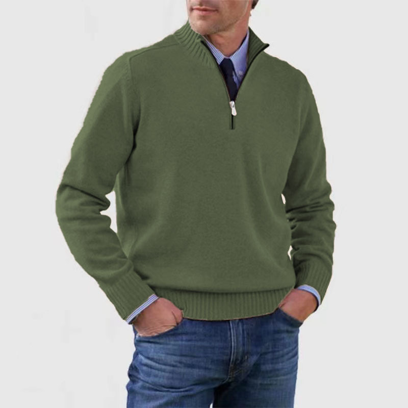 Men's quarter-zip knit pullover stand-up collar slim layering sweater in neutral tone