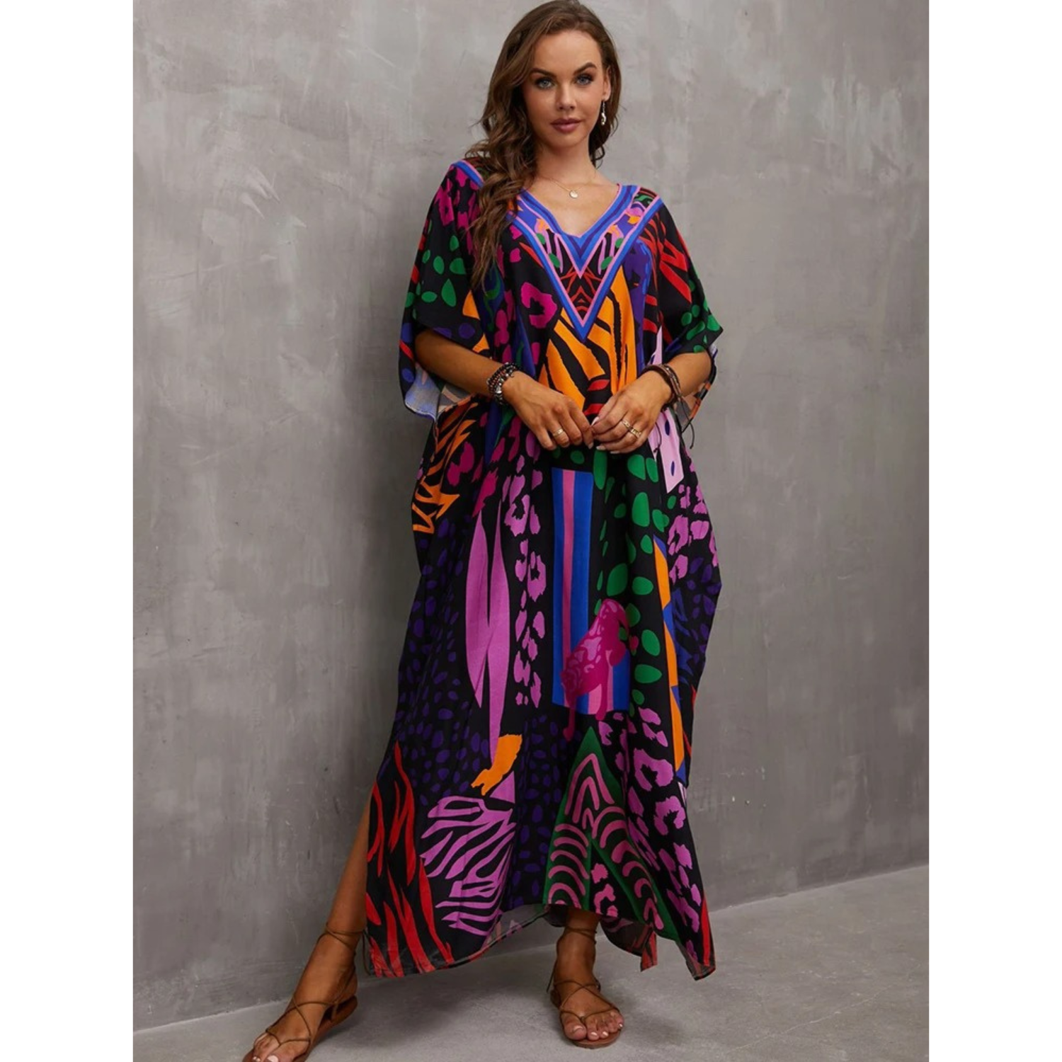 Women's loose fit V-neck kaftan beach cover-up, light airy fabric, bohemian style
