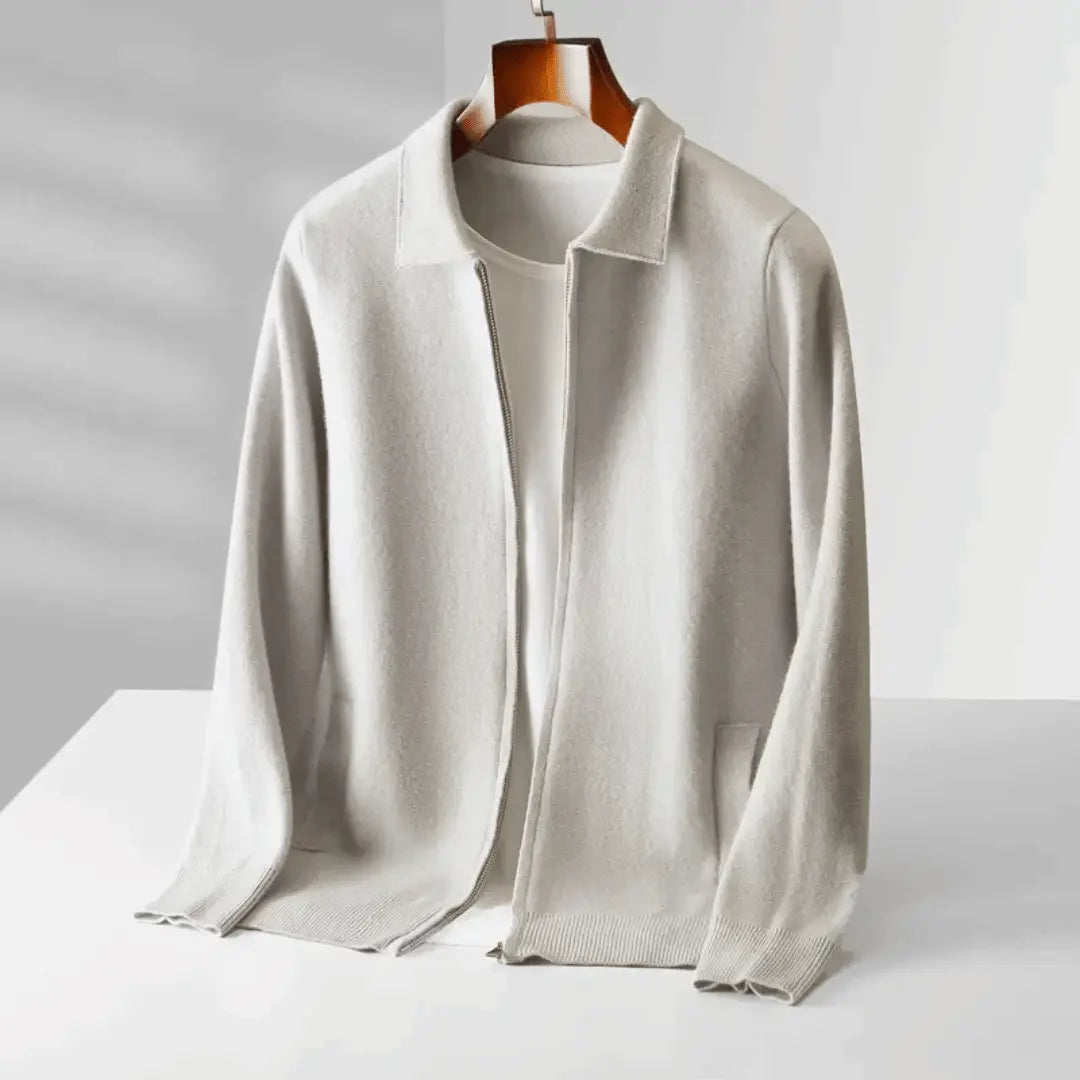 Men's heather gray wool blend zip-up cardigan relaxed fit with ribbed hem and cuffs