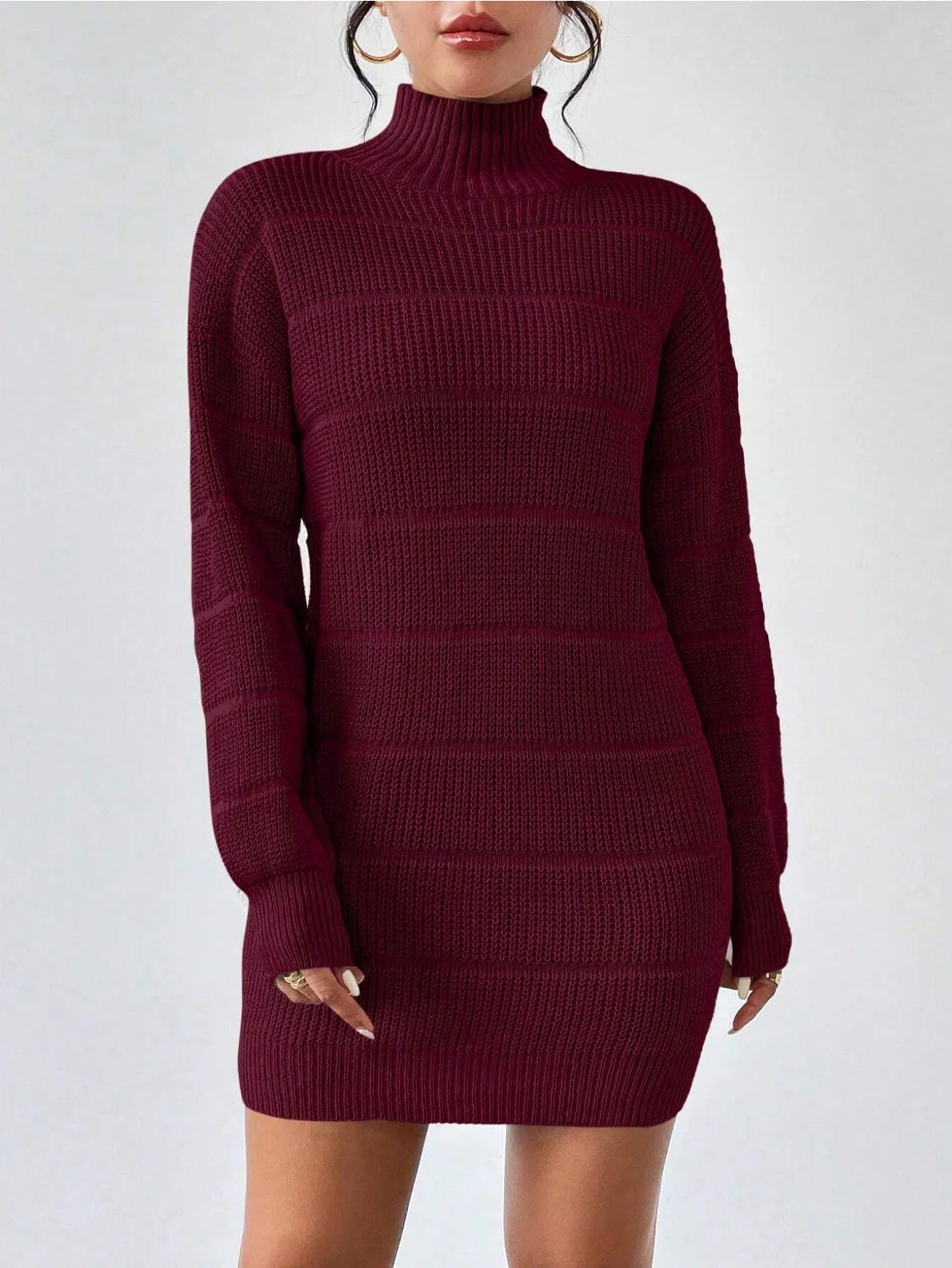 Women's ribbed-knit turtleneck mini dress with bold texture and structured sculpted silhouette