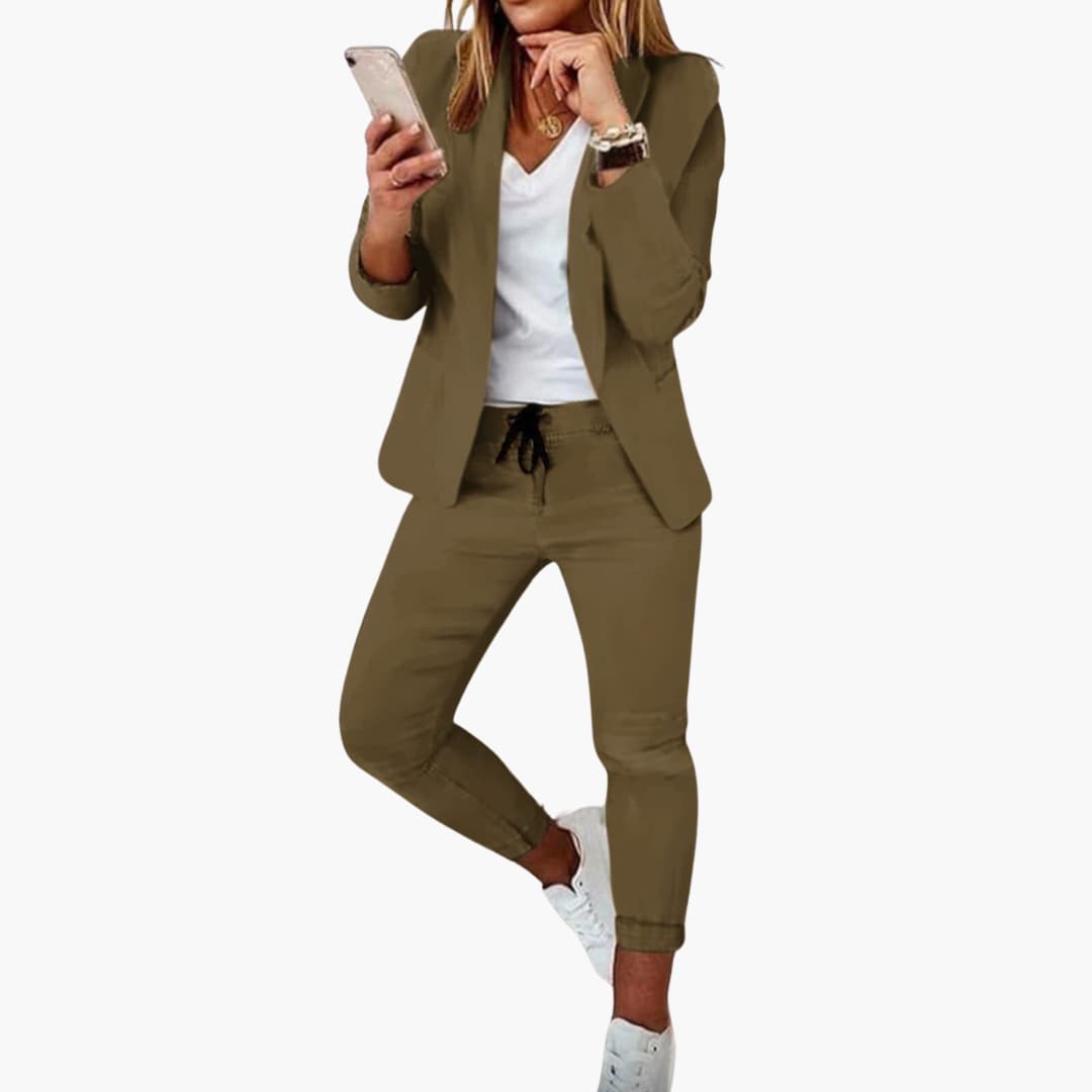 Women's lounge set blazer with structured lapel and drawstring joggers, chic relaxed-fit coordinates