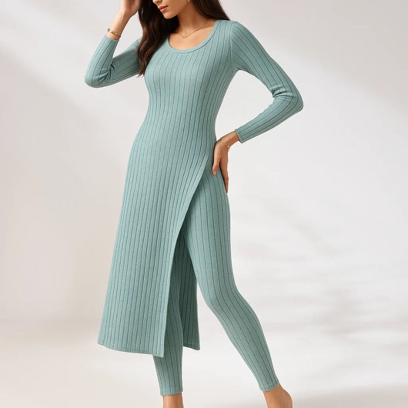 Beige ribbed knit two-piece lounge set with relaxed split-hem top and matching pants