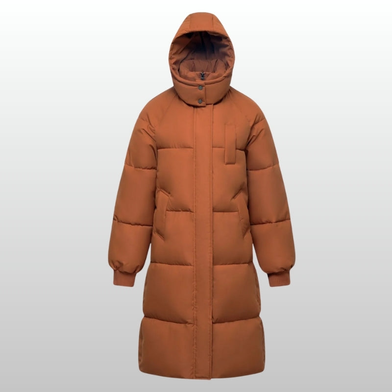Women's long puffer jacket water-repellent fleece-lined pockets flattering silhouette winter coat