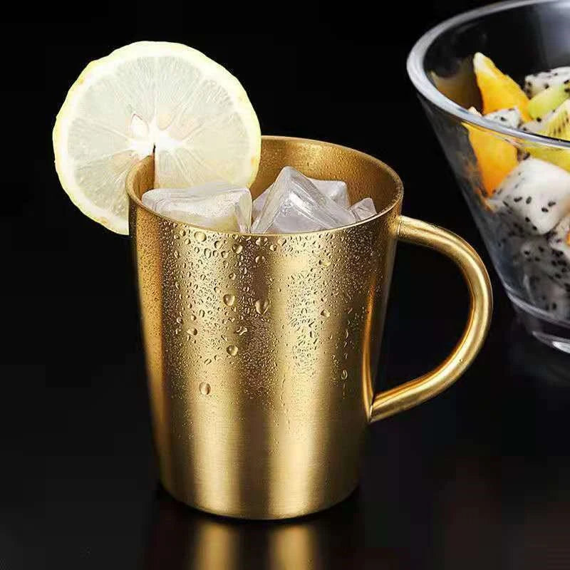 Stainless steel double-wall insulated mug 300ml metallic finish dishwasher safe hot cold beverages