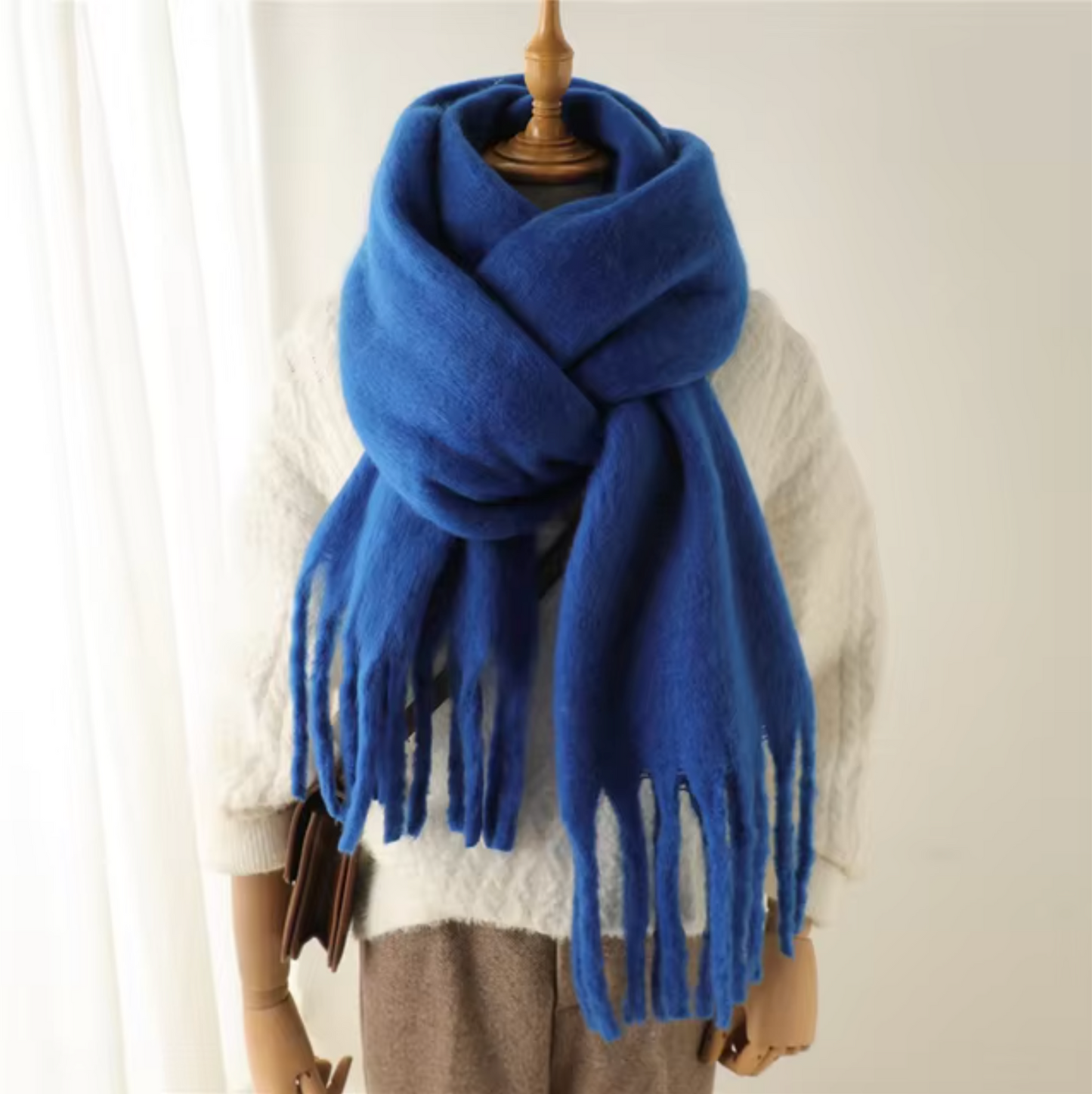 Women's cashmere-like winter scarf pashmina wrap solid color with long fringe detail