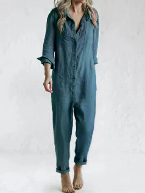 Women's loose fit cotton linen jumpsuit long sleeves button closure relaxed silhouette casual comfort
