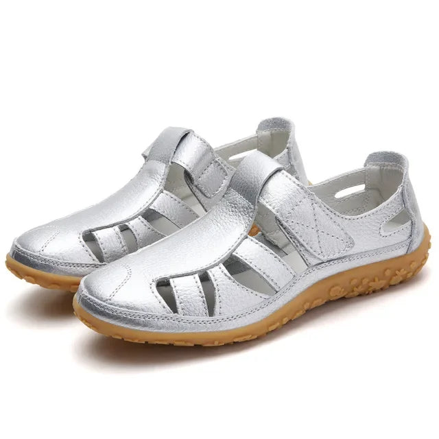 Women's beige leather casual sandals with velcro strap, cushioned EVA sole, sneaker-inspired summer style