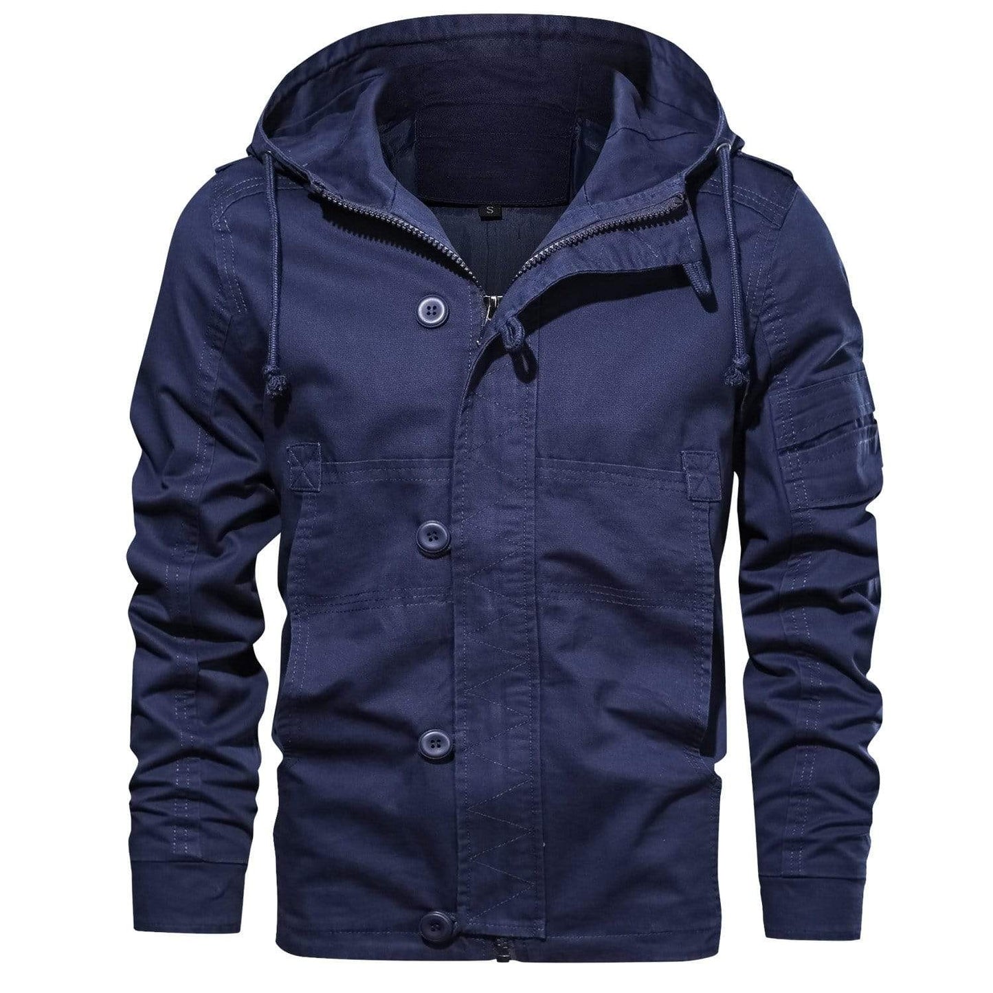 Olive green utility jacket relaxed fit adjustable hood multiple pockets urban outdoor style