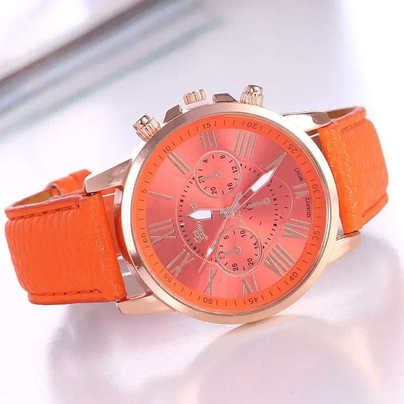 Geneva women's chronograph watch bold color dial gold case vibrant strap Roman numeral