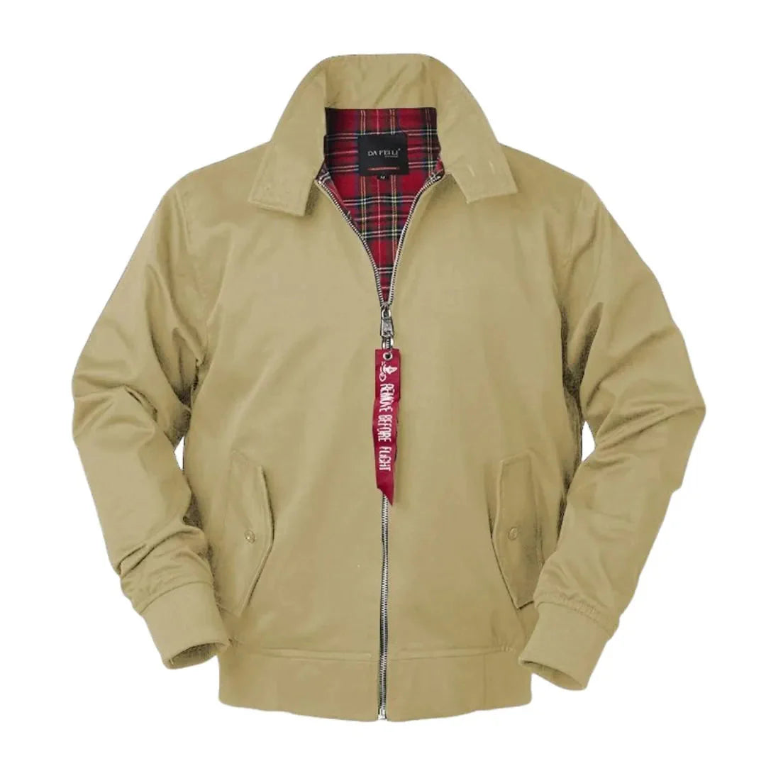 Men's tan Harrington jacket tailored fit with signature tartan lining, classic British heritage style