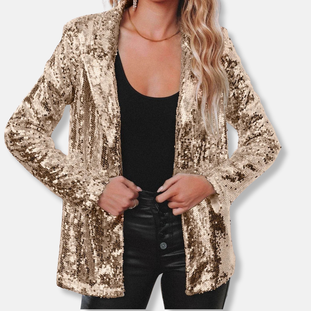 Women's relaxed hip-length sequin embellished collared blazer party jacket with long sleeves