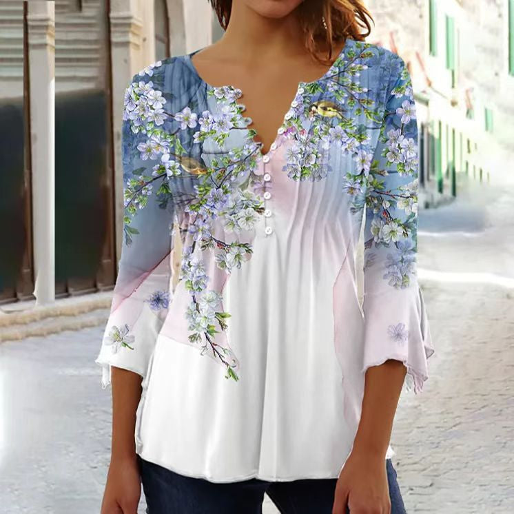 Women's ivory pleated blouse with scalloped V-neckline and front button detail for day-to-evening wear