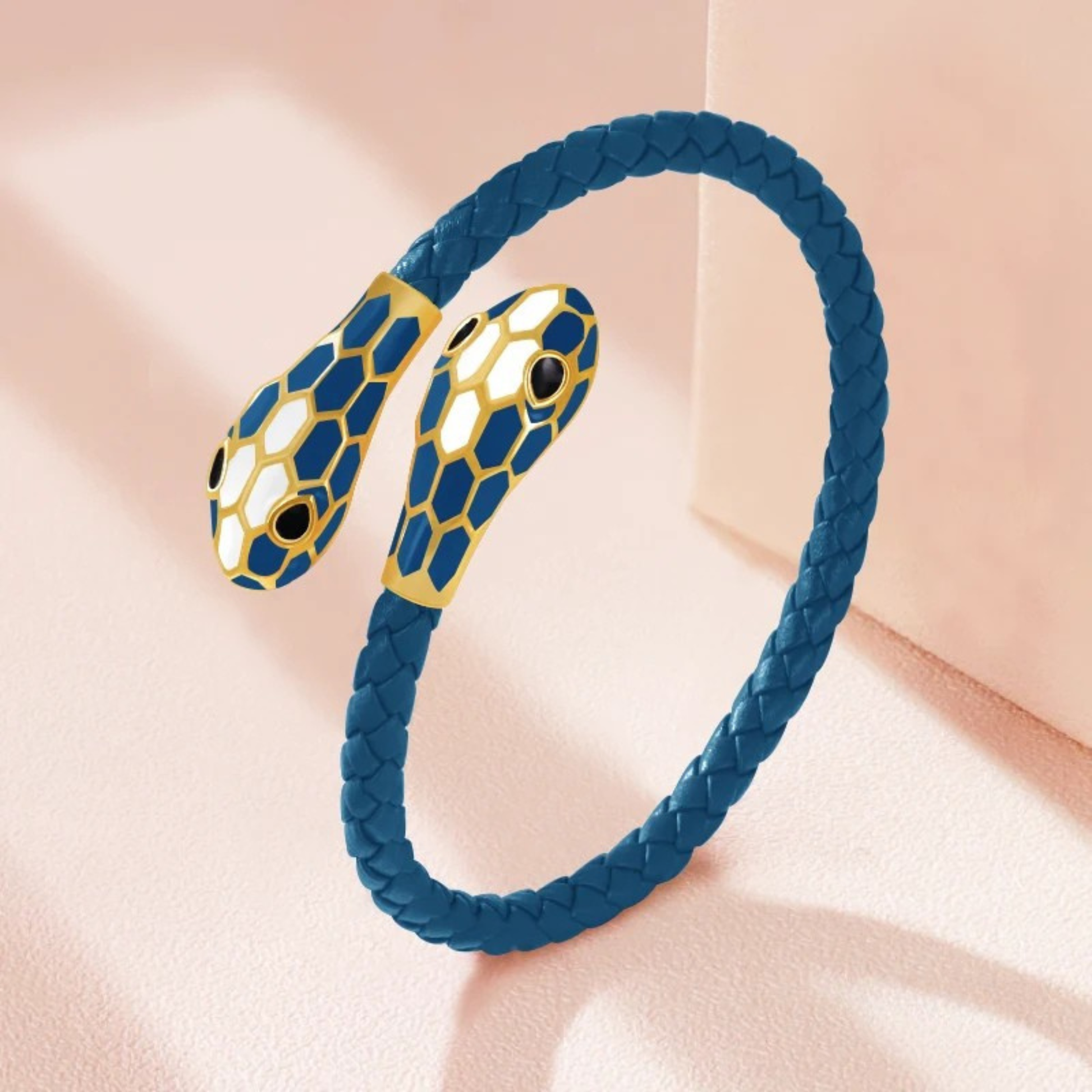 Bold copper leather bracelet with twin serpent heads, honeycomb enamel finish, open cuff design for men