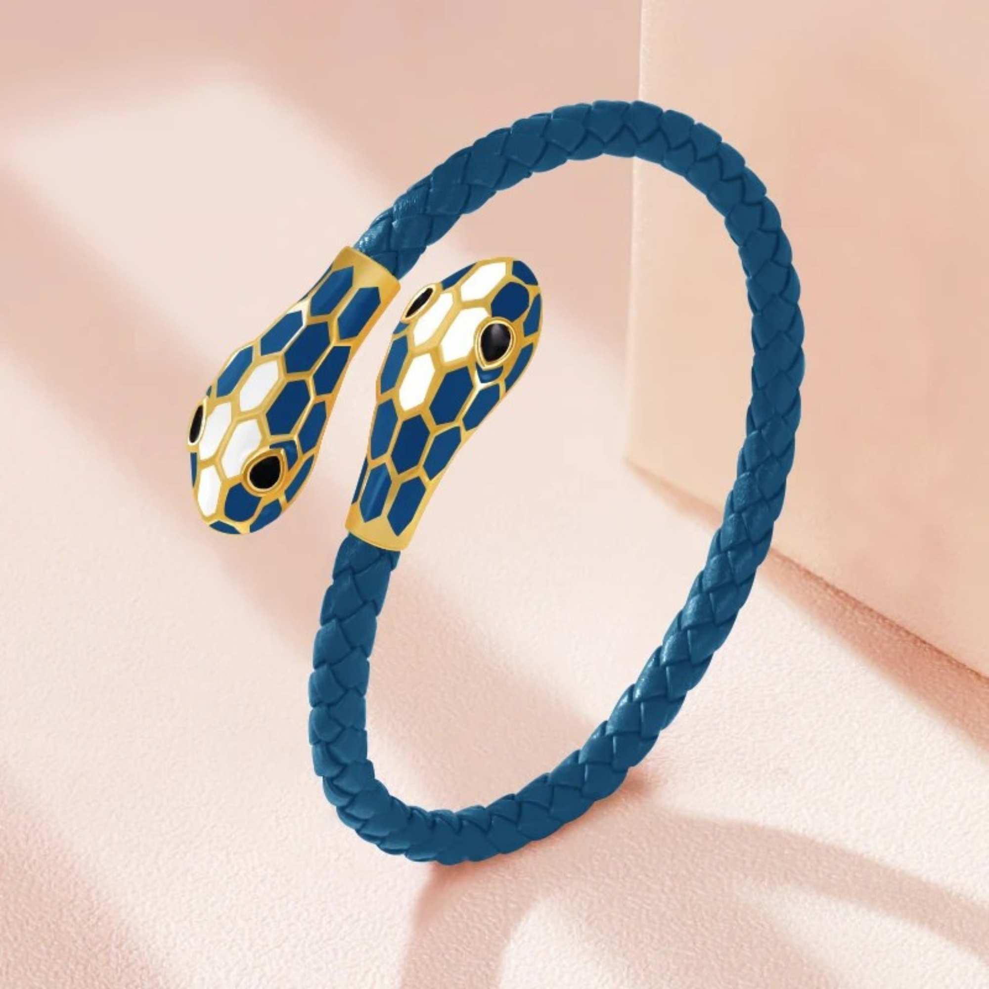Bold copper leather bracelet with twin serpent heads, honeycomb enamel finish, open cuff design for men