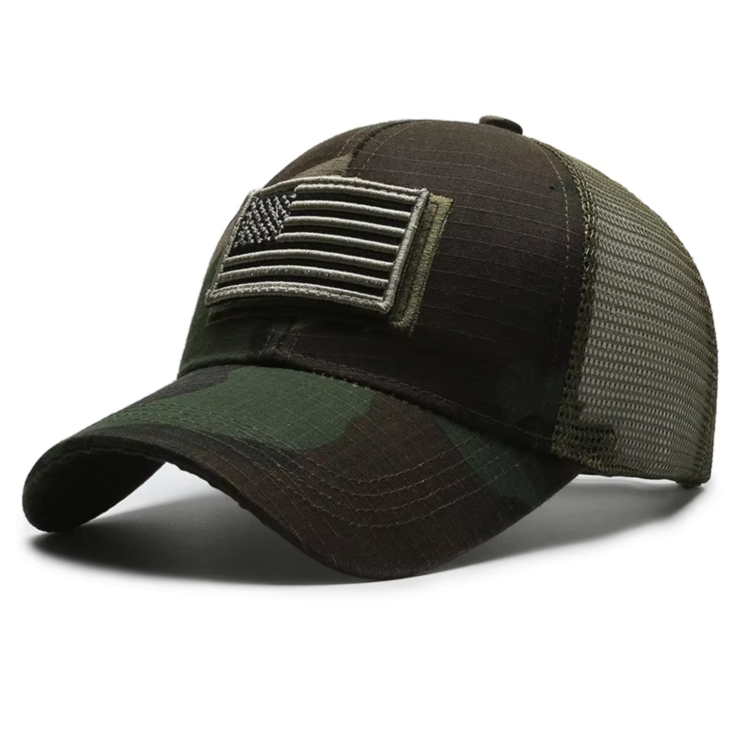 Tactical digital camo patch cap with moisture-wicking sweatband and glare-reducing brim for outdoor use