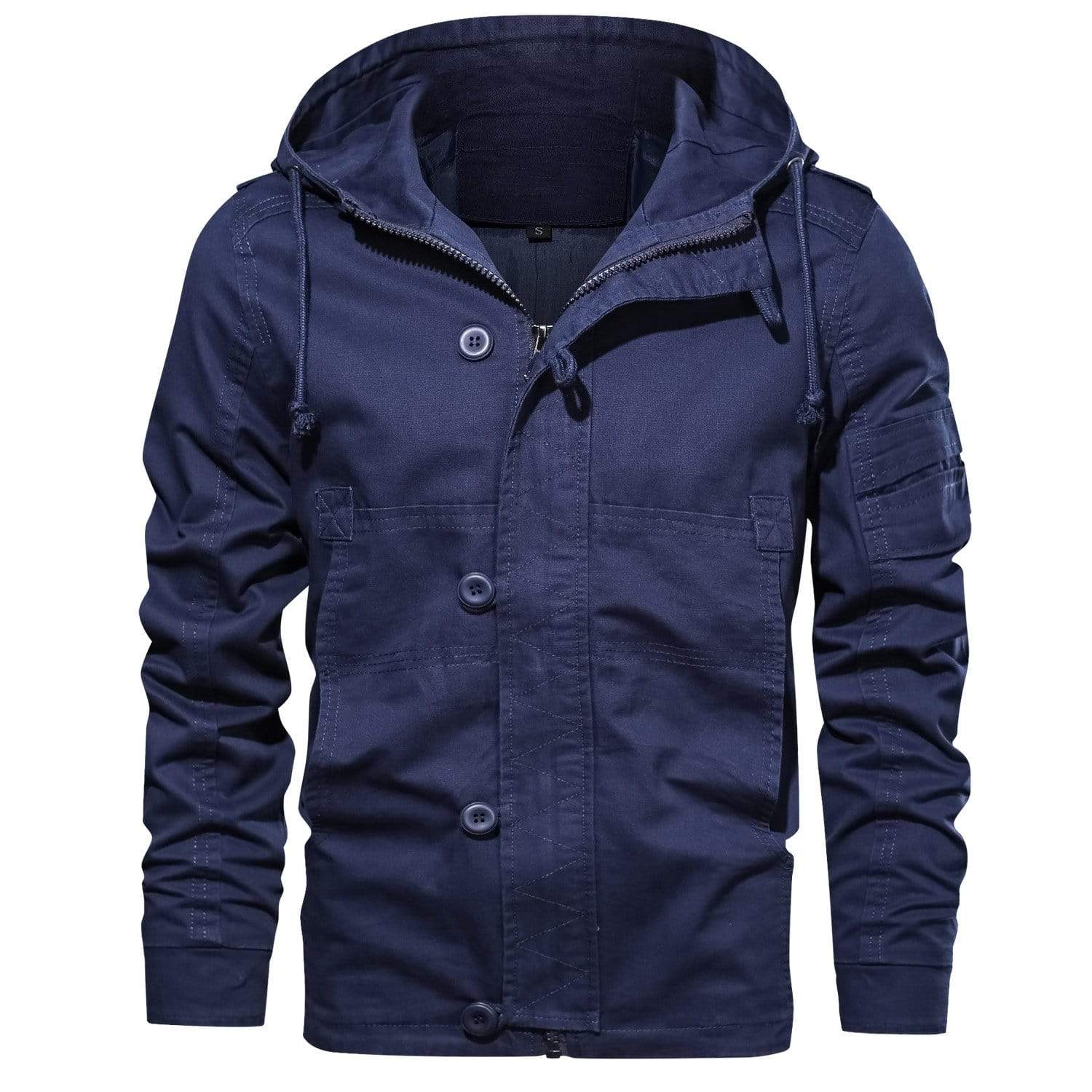 Men's olive green hooded field jacket regular fit with button front closure and flap pockets