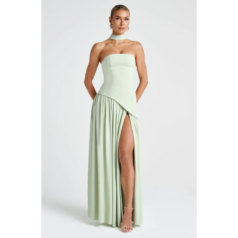 Black strapless full-length evening gown with asymmetric waist seam and collarbone-baring silhouette