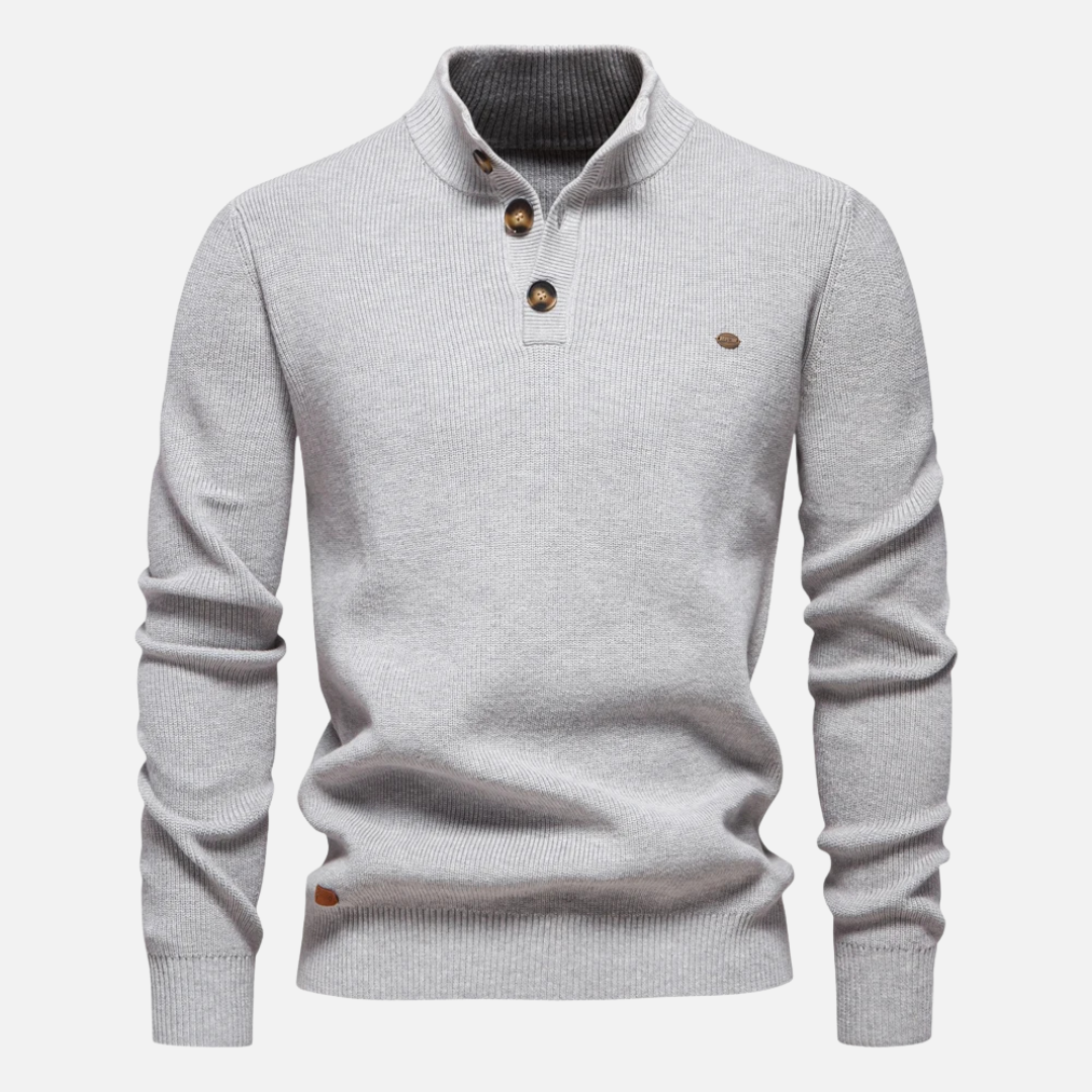 Men's wool blend turtleneck sweater slim fit with button details in warm ribbed knit casual style