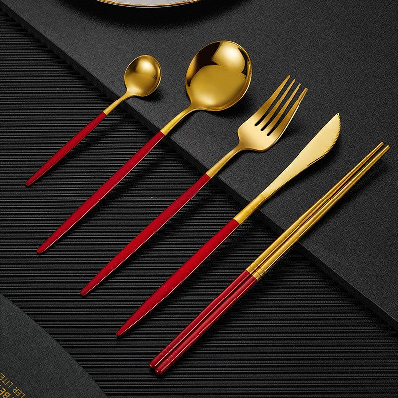 Gold finish stainless steel cutlery set matte black handles modern luxury dining 18/10