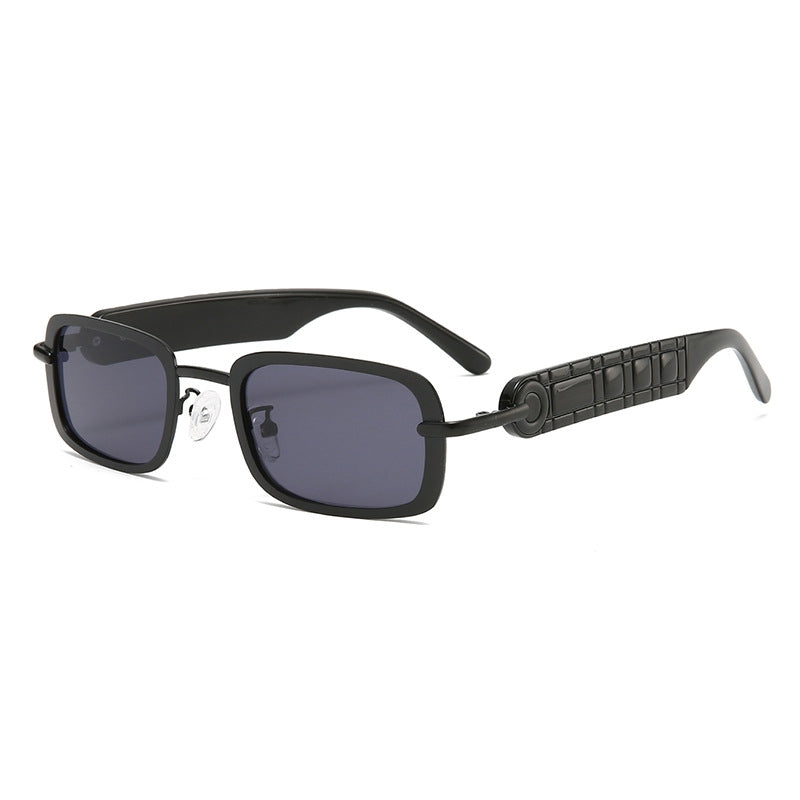 Gold rectangular metal sunglasses with textured arms and UV400 protection for everyday wear