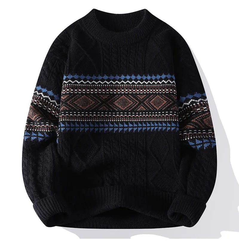 Unisex Nordic cable knit pullover sweater, relaxed fit, geometric jacquard panels, wool-blend cozy layer