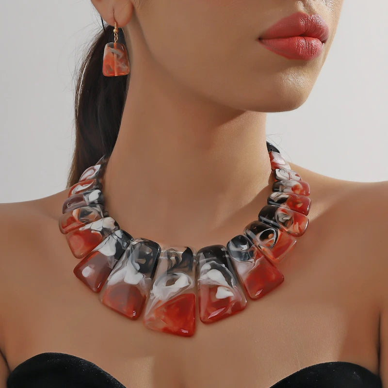 Aurora marbled resin collar necklace earring set bold geometric swirling hues statement jewelry