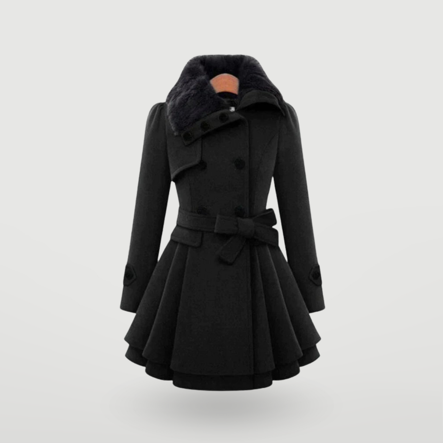 Women's beige layered trench coat, double-breasted belted waist with flowing tiered hem