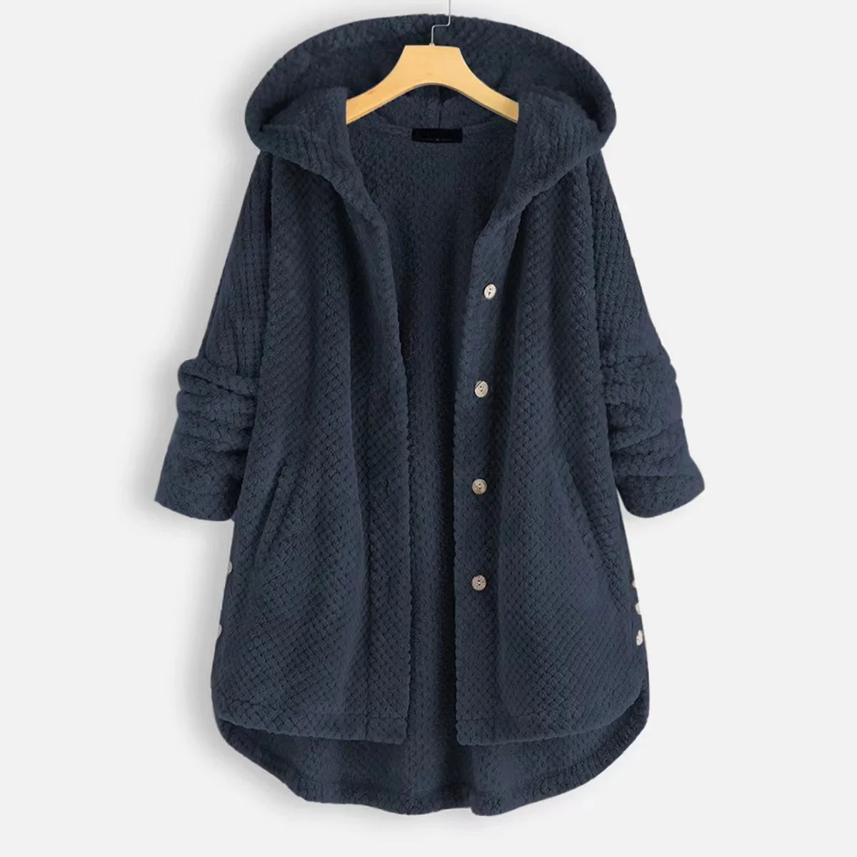 Oversized unisex Nordic fleece hooded jacket in neutral tone with button-front pockets