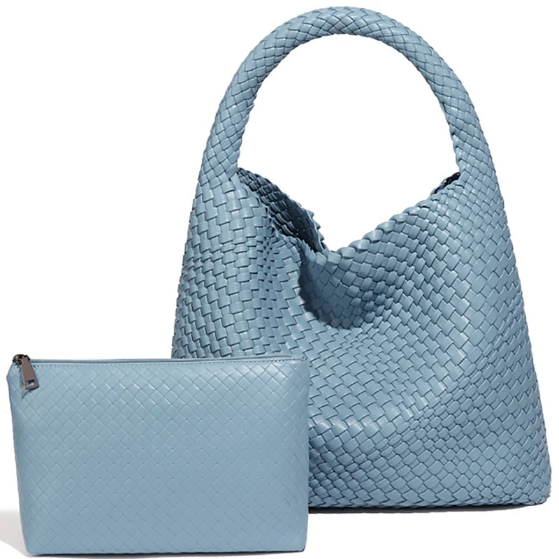 Renza vegan leather woven tote bag beige basketweave silhouette with magnetic closure shoulder carry