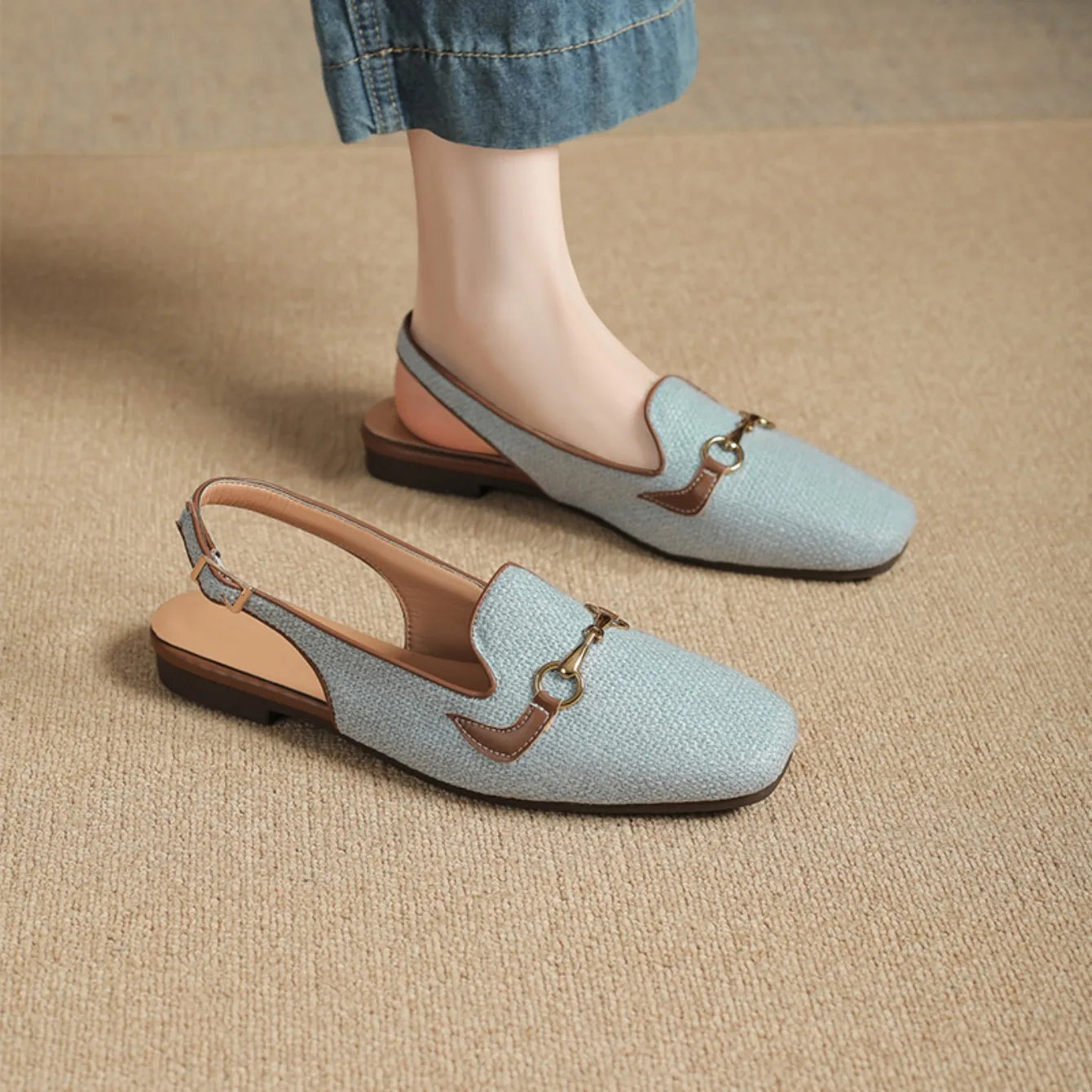 Tuscany beige woven slingback flats with cushioned insole, breathable texture, office-ready style