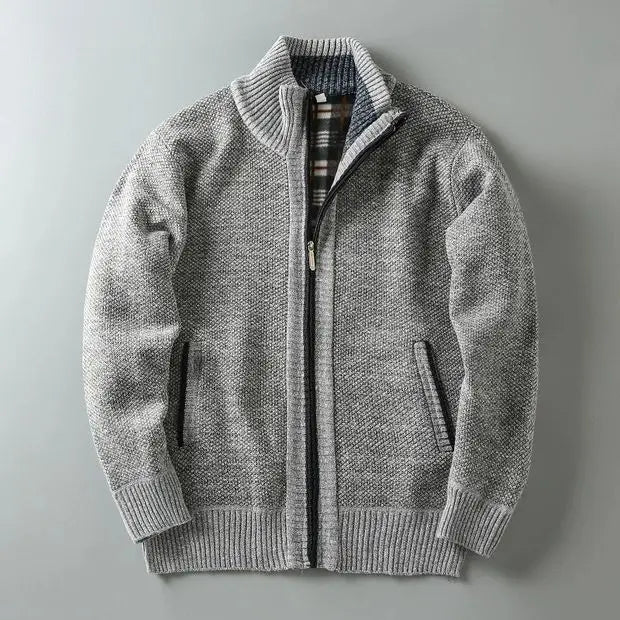 Men's heavyweight textured knit zip-up jacket with plaid fleece lining, tailored fit