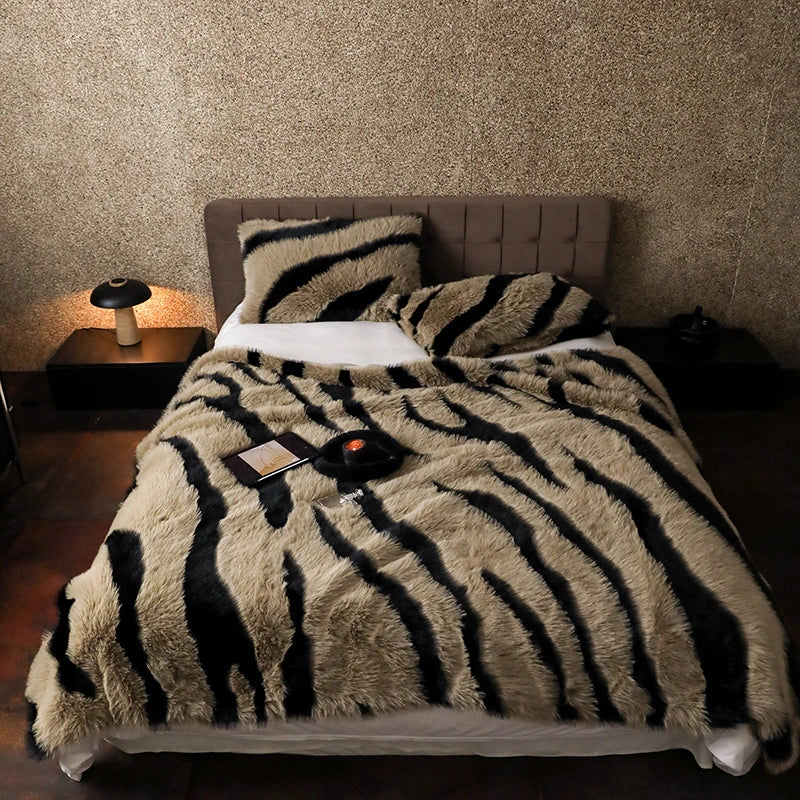 Plush faux fur zebra throw blanket light brown black stripes bold exotic home decor accent