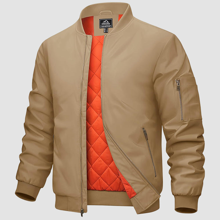 Men's zip-up bomber windbreaker jacket with quilted orange interior lining and multi-pocket design